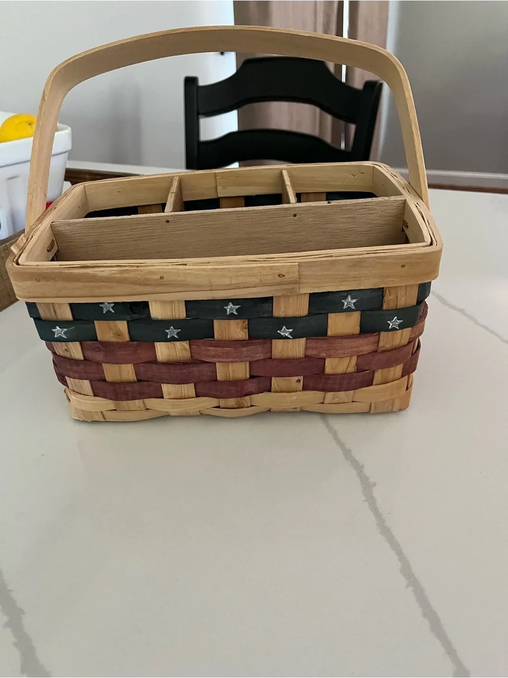 Rustic Wooden cutlery Basket with Red and Blue Accents